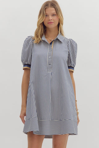 Stripe pattern short puff sleeve swing shirt dress