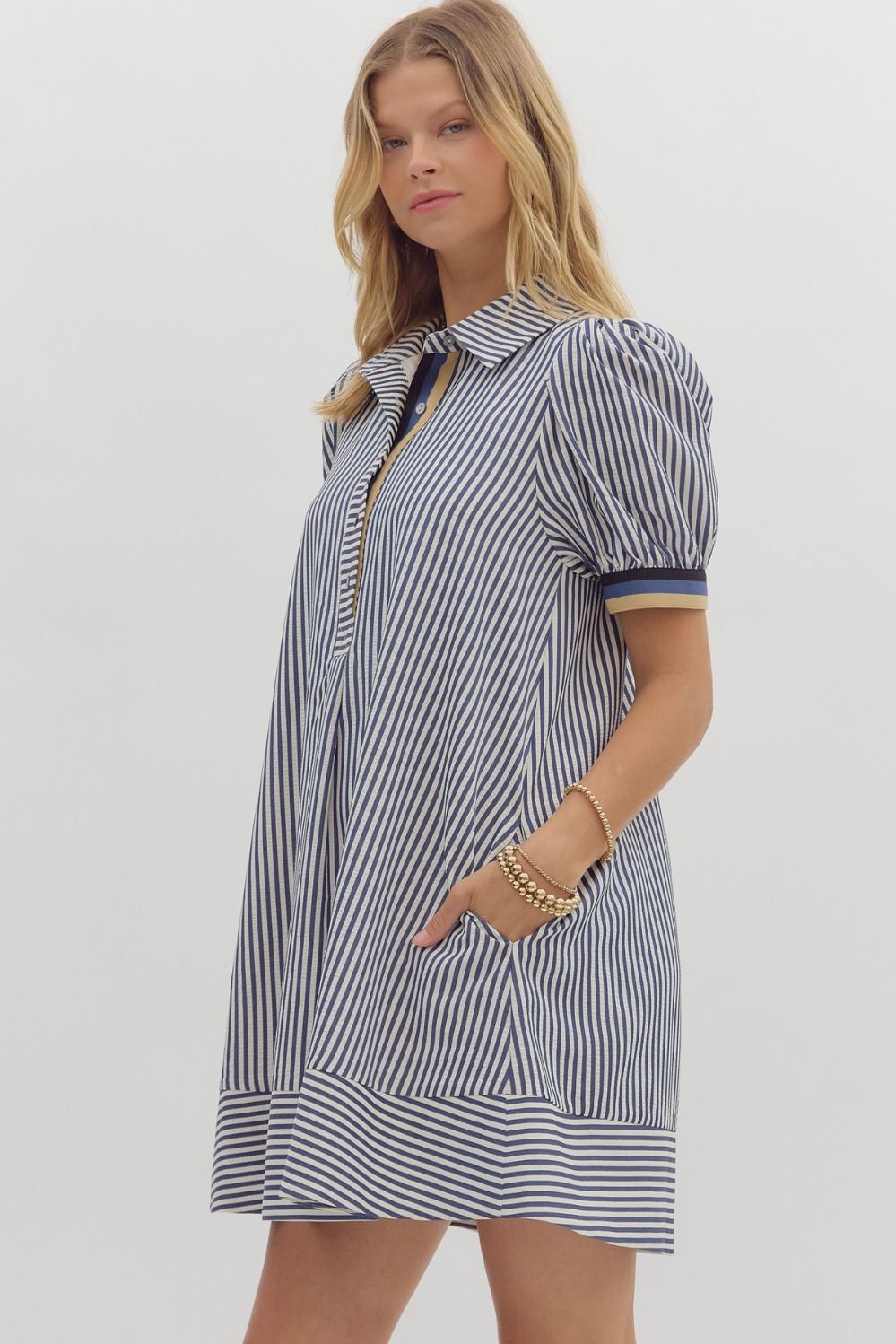 Stripe pattern short puff sleeve swing shirt dress