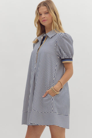 Stripe pattern short puff sleeve swing shirt dress