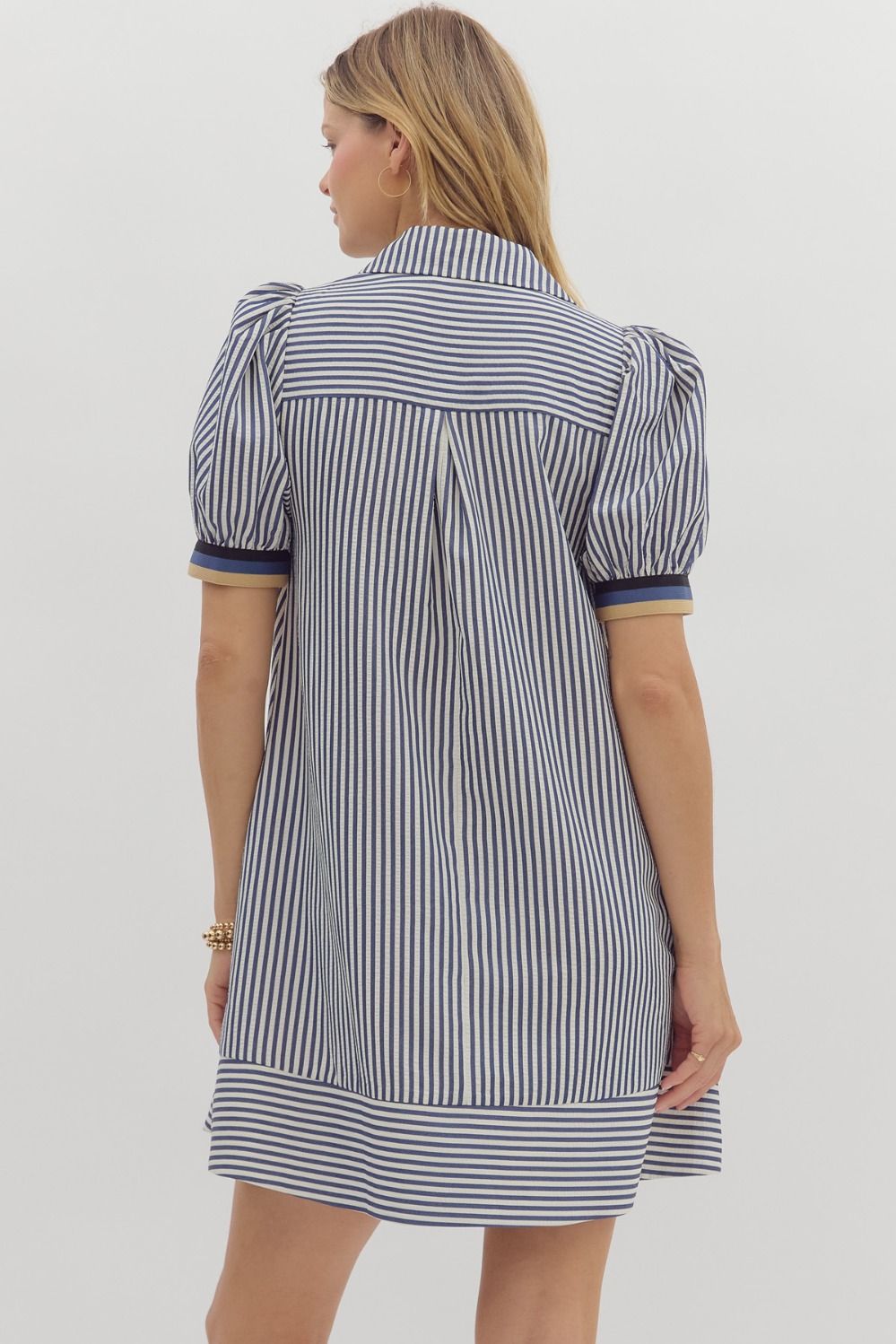 Stripe pattern short puff sleeve swing shirt dress