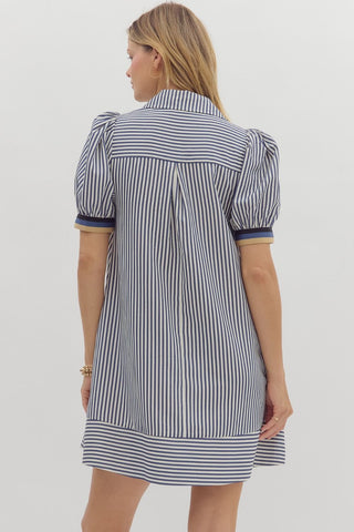 Stripe pattern short puff sleeve swing shirt dress