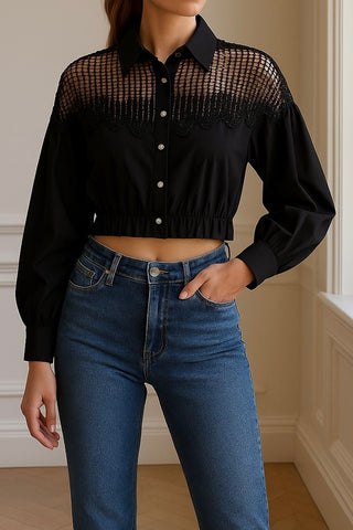 Elegant Mesh Lace Panel Cropped Shirt