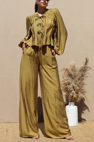 Ribbon Tie Woven Top And Pants Set