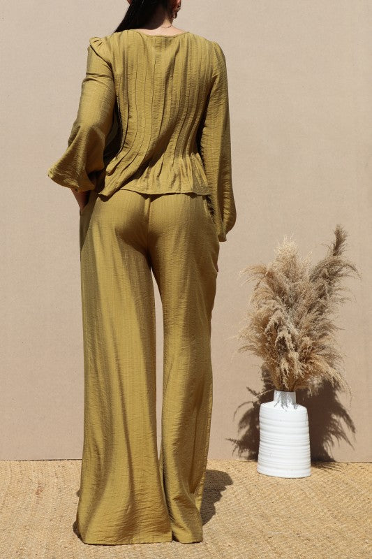 Ribbon Tie Woven Top And Pants Set