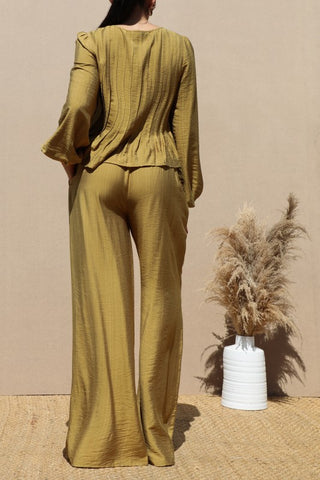 Ribbon Tie Woven Top And Pants Set