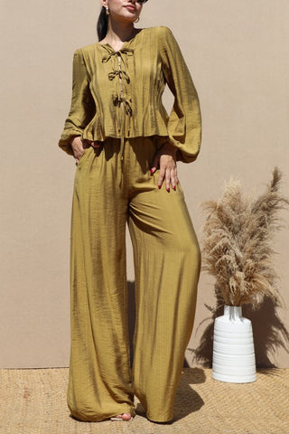 Ribbon Tie Woven Top And Pants Set