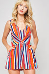 Multicolor Stripe-Print Sleeveless Knotted Romper