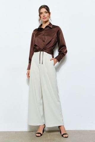 Long Sleeve Satin Wrap Waist Blouse