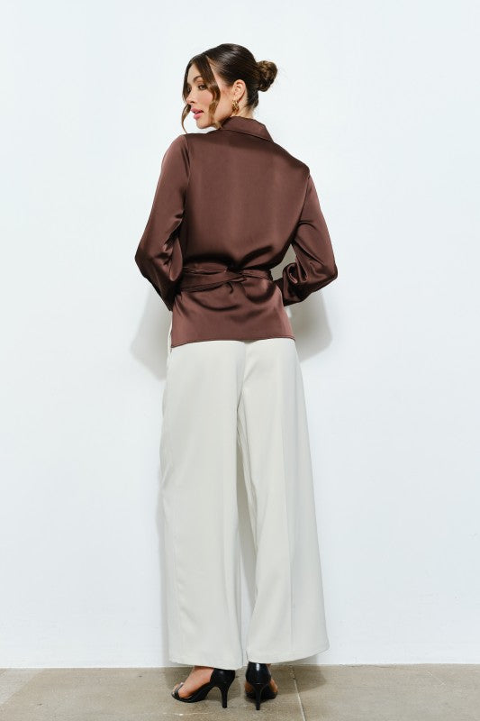Long Sleeve Satin Wrap Waist Blouse