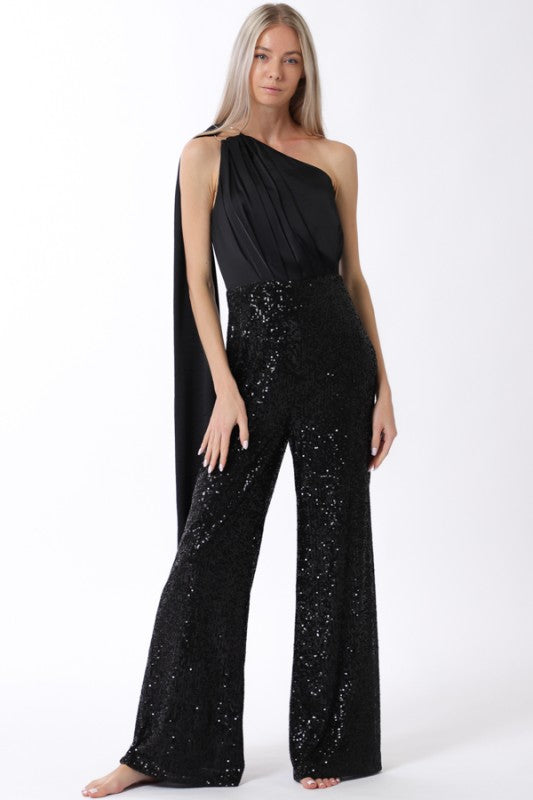 One Shoulder Sequin Pants Detail Jumpsuit