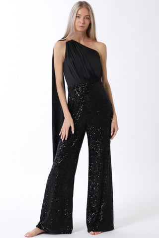 One Shoulder Sequin Pants Detail Jumpsuit