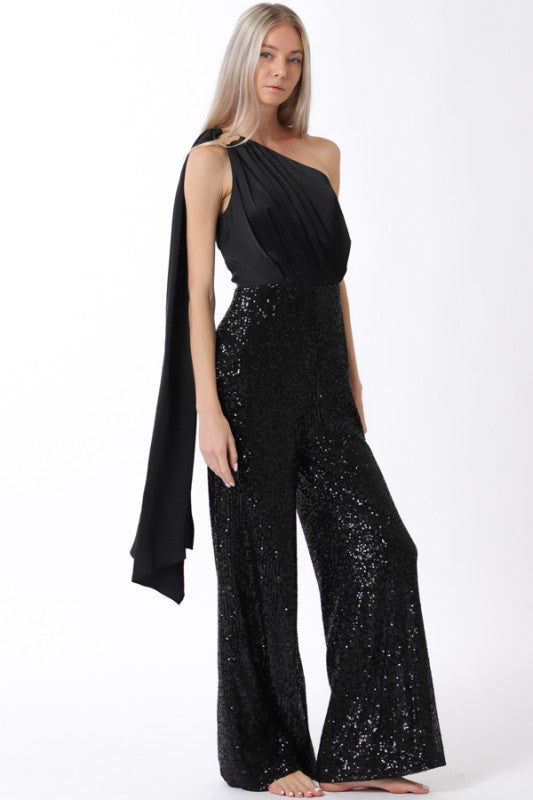One Shoulder Sequin Pants Detail Jumpsuit