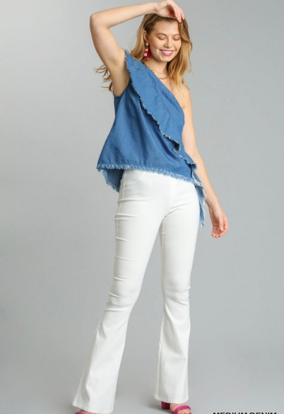 One Shoulder Sleeveless Top with Unfinished Hem
