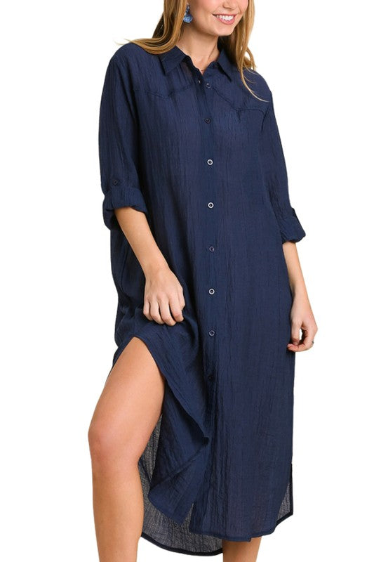 Crinkle Collared Button Up Maxi Shirt Dress