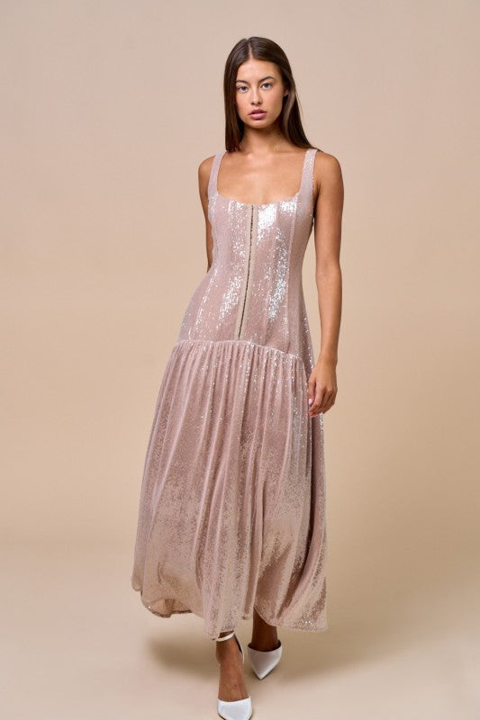 Front Hook & Eye Sequin Maxi Dress