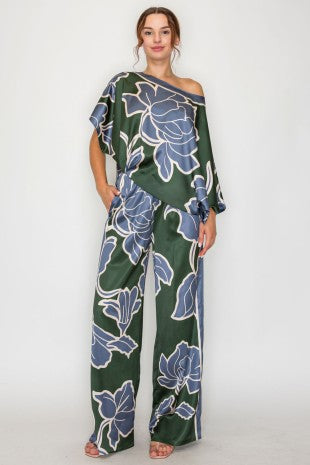 Bold Floral Satin Blouse & Wide Pants Set