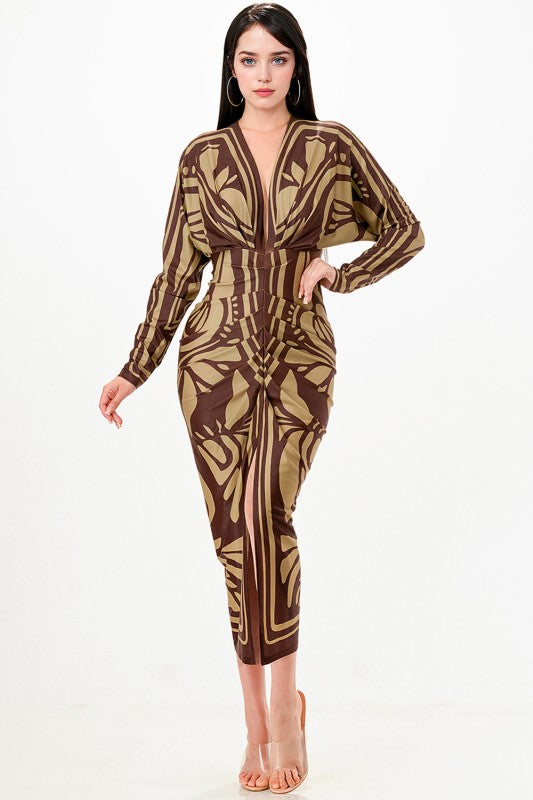 Printed Deep V-neck Pleats Midi Dress