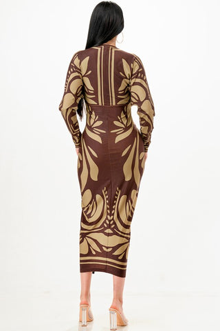 Printed Deep V-neck Pleats Midi Dress