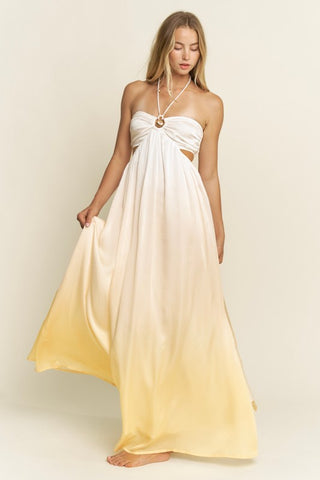 Ombre Seashell Trim Halter Neck Maxi Dress