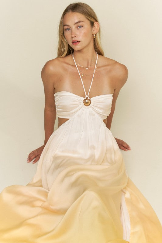 Ombre Seashell Trim Halter Neck Maxi Dress
