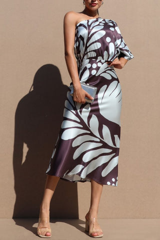 Printed One Shoulder Satin Midi Dress