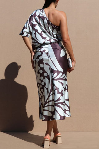 Printed One Shoulder Satin Midi Dress