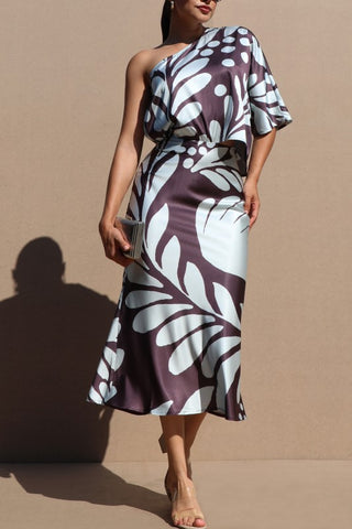 Printed One Shoulder Satin Midi Dress