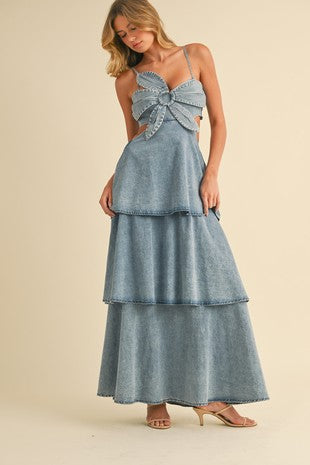 Denim Flower Top Sleeveless Tiered Flared Maxi Dress