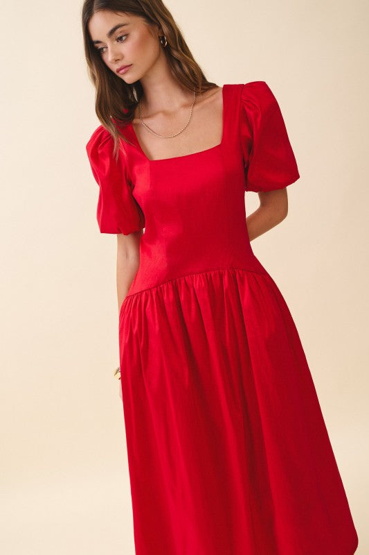 Solid Square Neck Puff Short Sleeves Midi Dress
