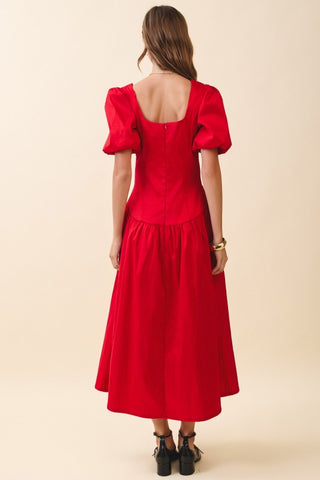 Solid Square Neck Puff Short Sleeves Midi Dress