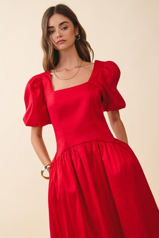 Solid Square Neck Puff Short Sleeves Midi Dress
