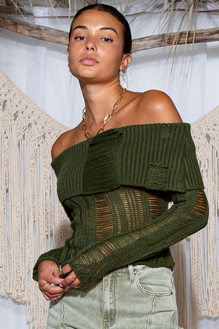 Off Shoulder Laddered Ribbed Knitted Fabric