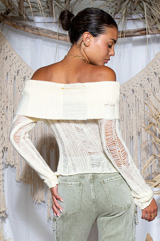 Off Shoulder Laddered Ribbed Knitted Fabric