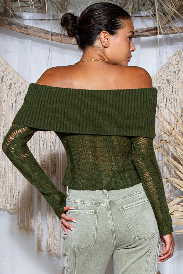 Off Shoulder Laddered Ribbed Knitted Fabric