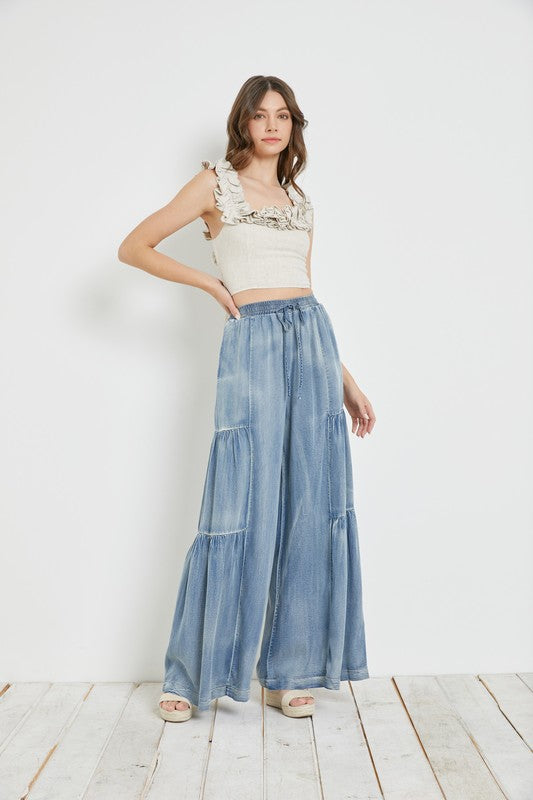 RUFFLED SIDE WASHED DENIM WIDE PANTS