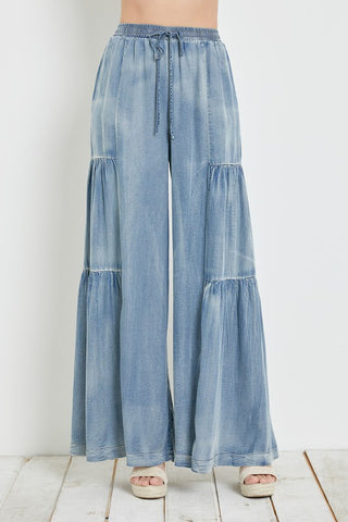 RUFFLED SIDE WASHED DENIM WIDE PANTS