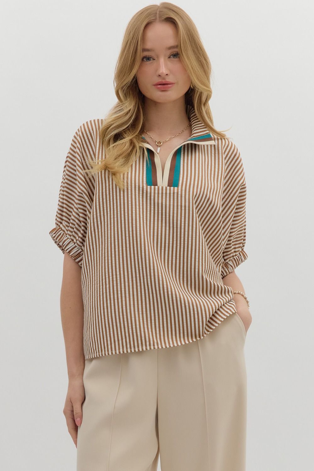 Stripe pattern high neck elasticated sleeve band dolman top