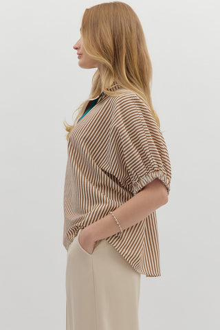 Stripe pattern high neck elasticated sleeve band dolman top