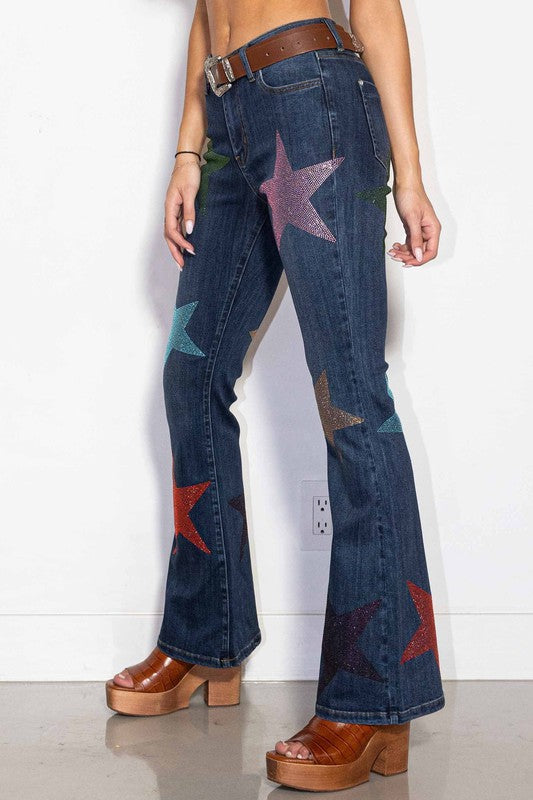 Mid Rise Star Rhinestone Bootcut Jeans