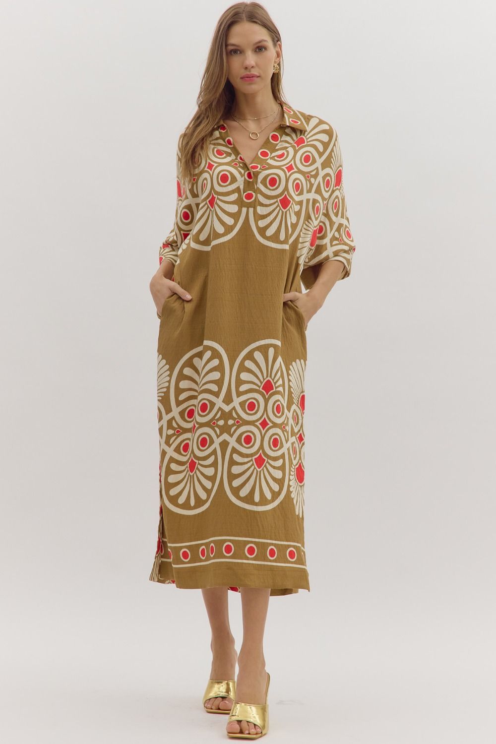 Geometric print half sleeve midi dress