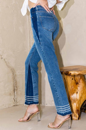 Mid Rise Contrast Side Panels Straight Jeans