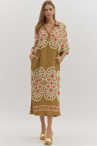 Geometric print half sleeve midi dress