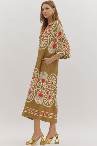 Geometric print half sleeve midi dress