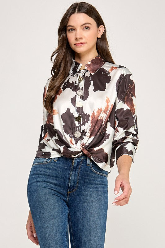 Front Twist Animal Print Button Shirt