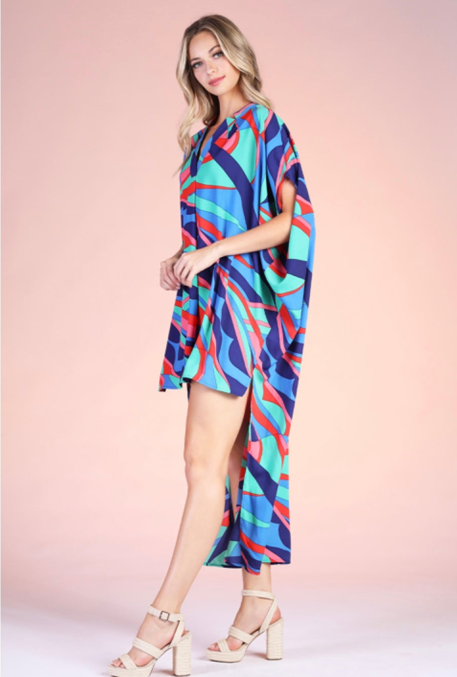 Groovy Blues Double Notched High Low Caftan Dress
