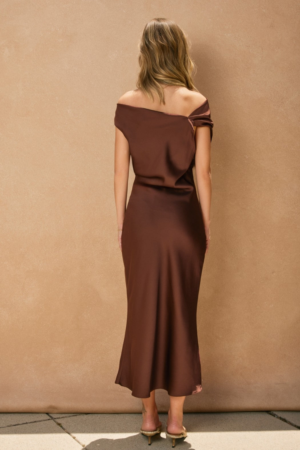 Dull Satin Off The Shoulder Ruched Midi Dress