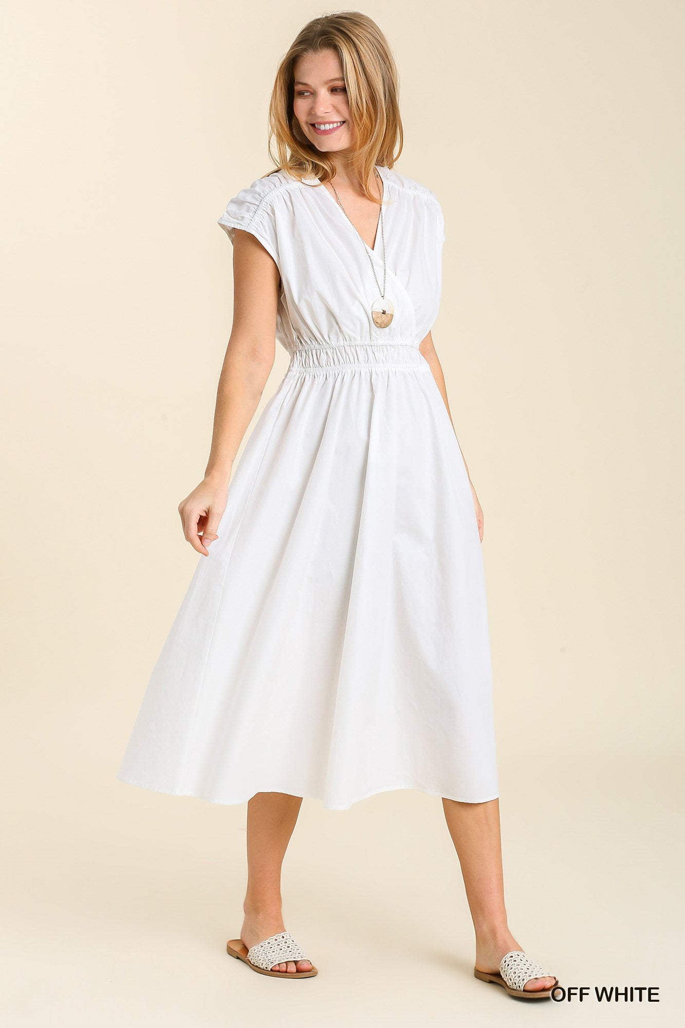 V-Neck Elastic Waist Line Midi Dress with No Lining