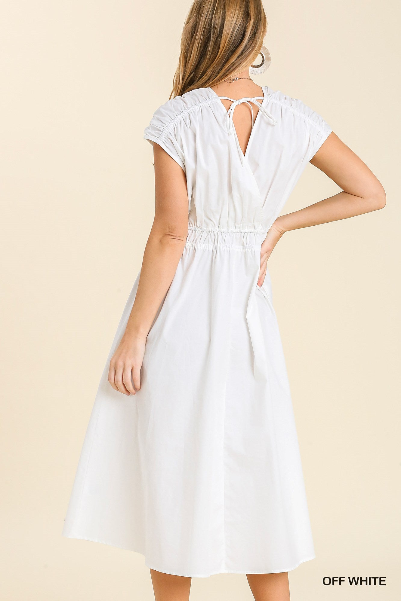 V-Neck Elastic Waist Line Midi Dress with No Lining