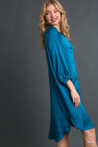 Satin Button Down High Low Hem Midi Dress