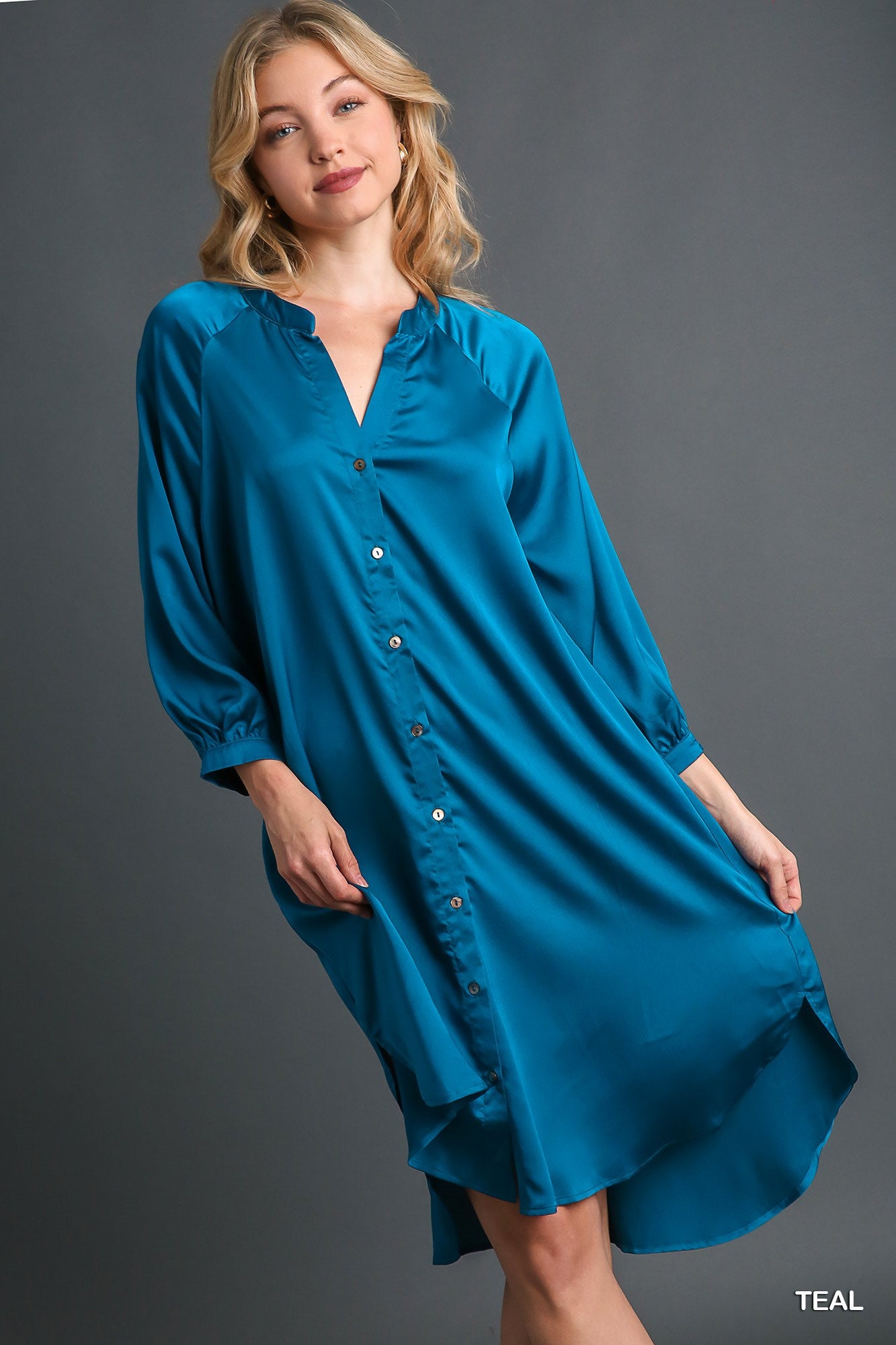 Satin Button Down High Low Hem Midi Dress